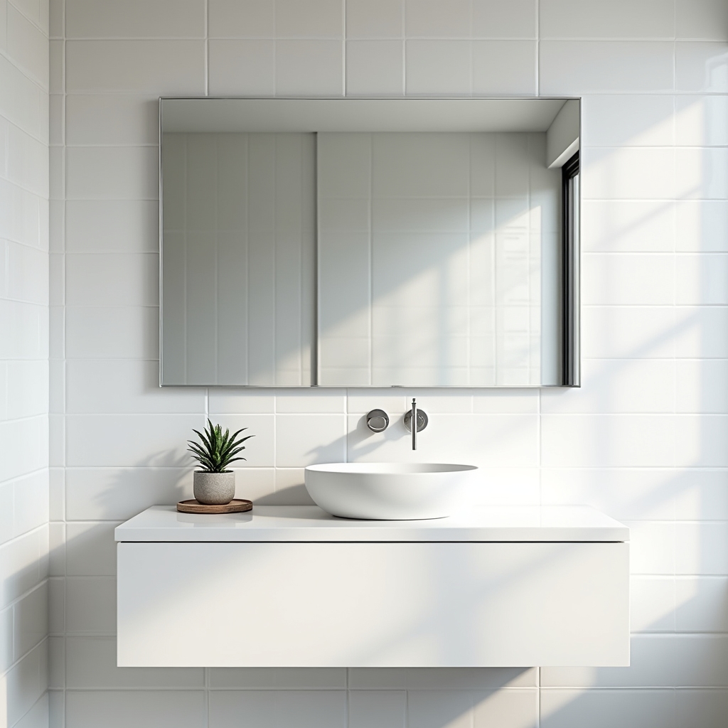 Zamontowane duże lustro w łazience na płytkach ceramicznych