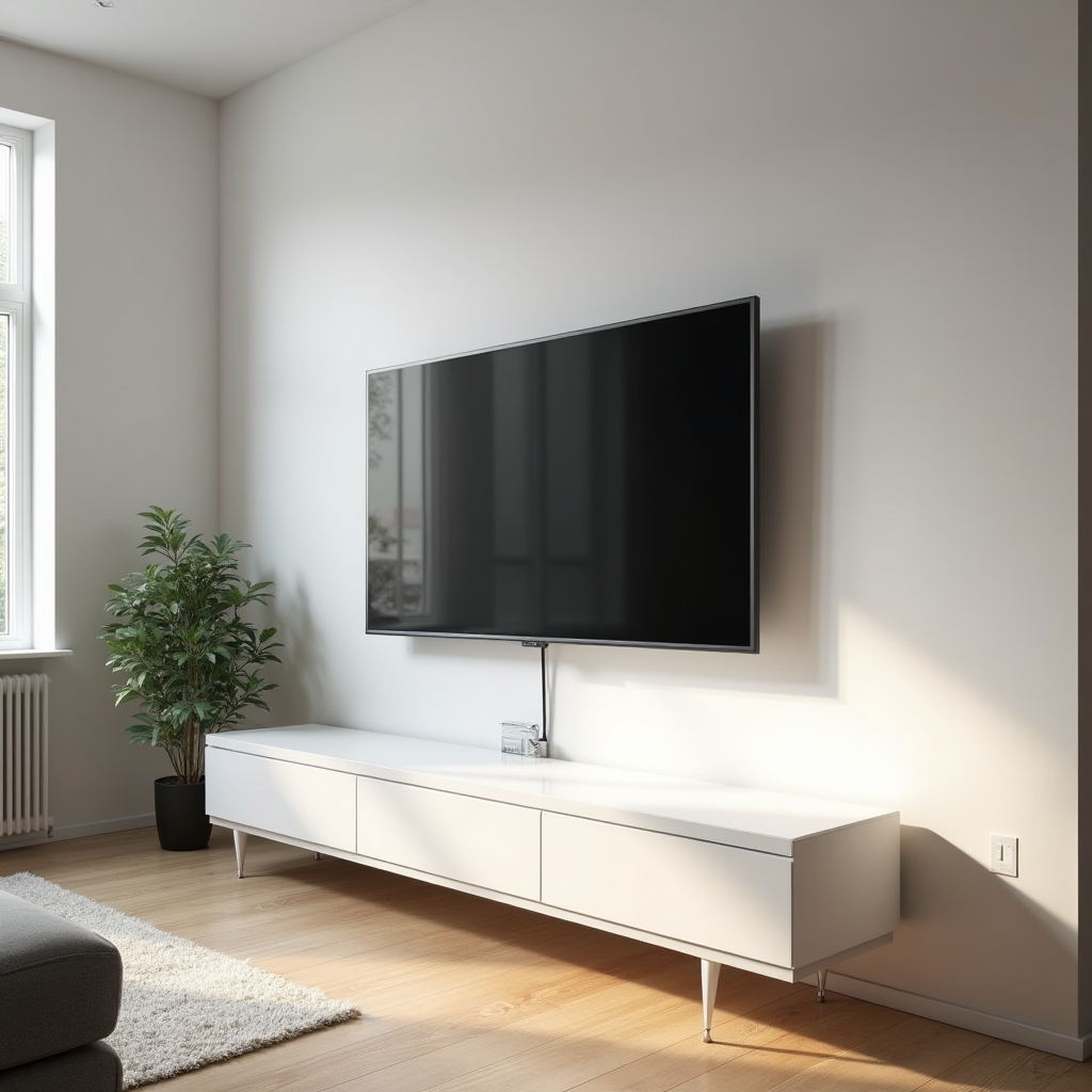 Telewizor zamontowany na białej ścianie w salonie